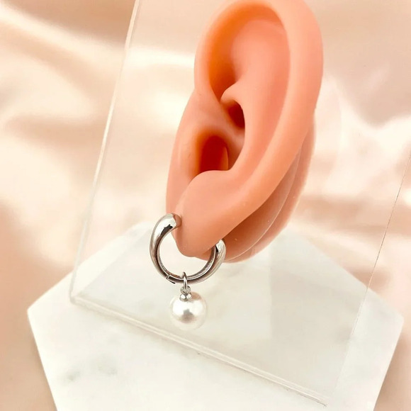 925 Sterling Silver Pearl Hoop Earrings Pearl Dangle Earrings - Picture 4 of 6